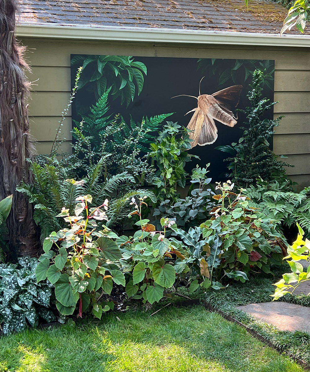 photorealistic garden mural hanging from wall