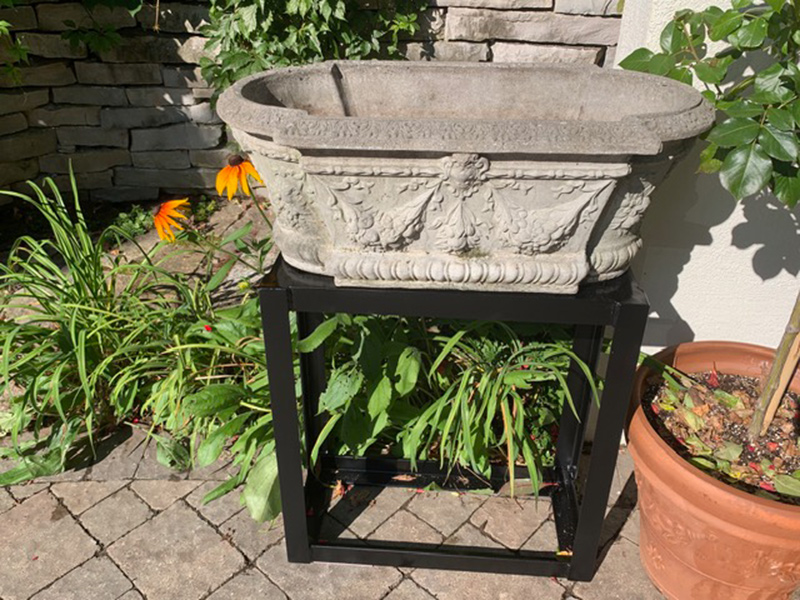 vintage concrete planter on metal stand