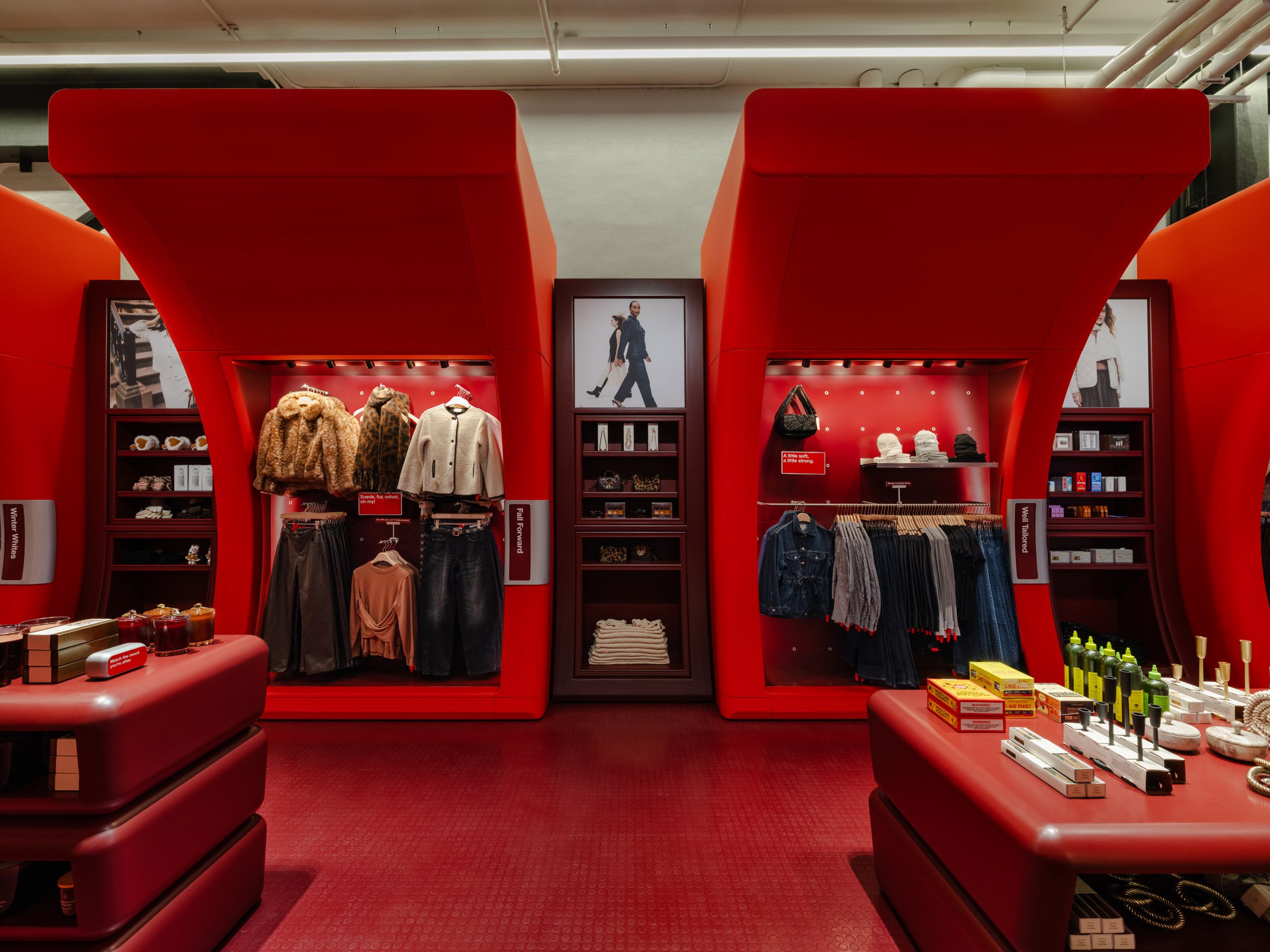 target soho interior with bright red product displays within curved walls