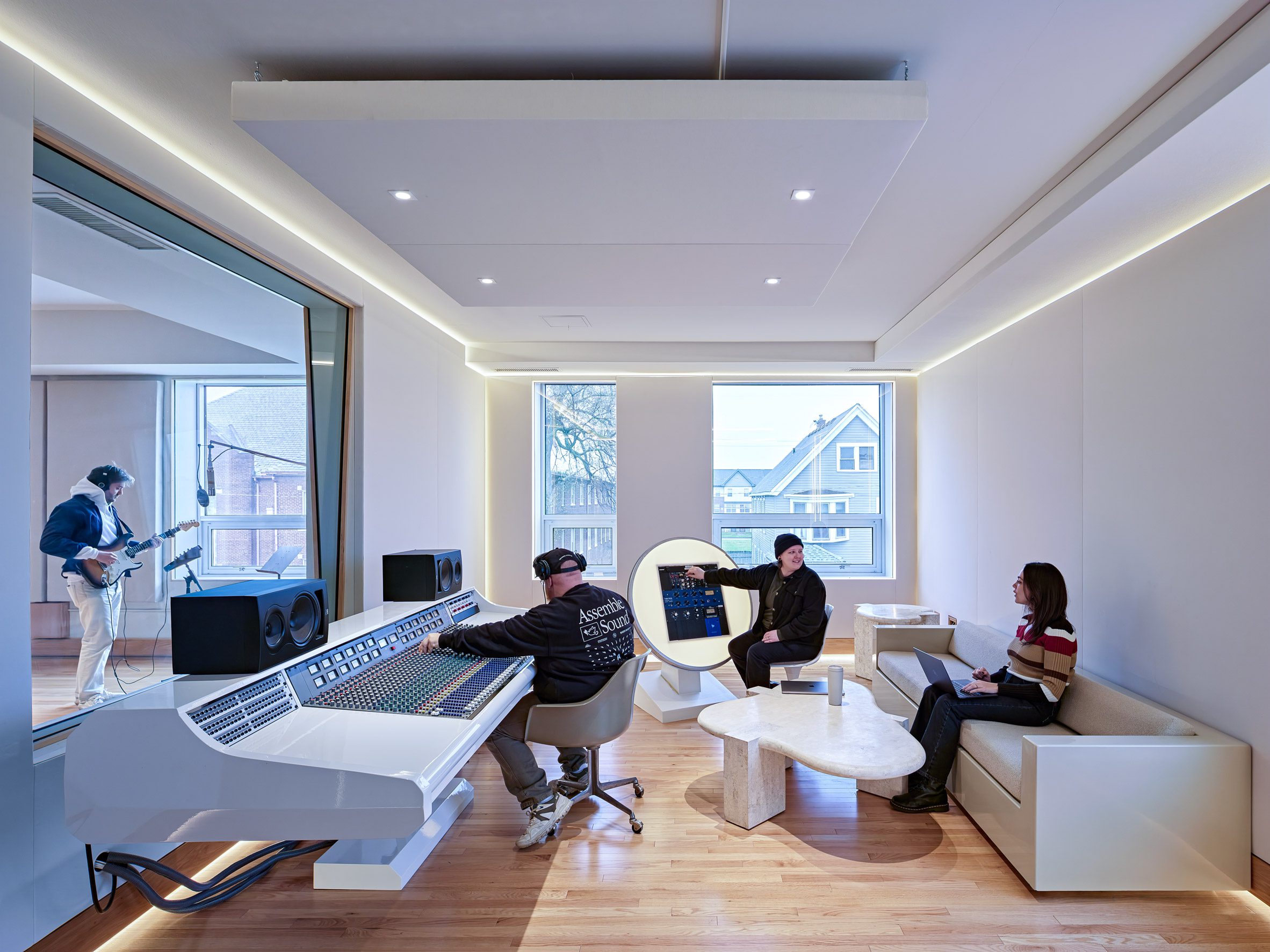 a huge custom mixing table operated in a recording studio