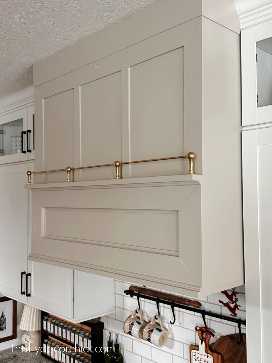 diy custom range hood with shelf and brass tipping rail | thrifty decor chick 19 wood vent hood with brass hardware