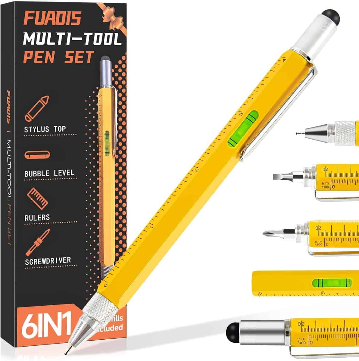21 of the best unique stocking stuffers for under $6 2 image of a yellow 6-in-1 multi-tool pen set, perfect for stocking stuffers. it features a stylus, bubble level, ruler, screwdriver bits, and a ballpoint pen. the packaging is shown alongside close-up views of each tool feature.