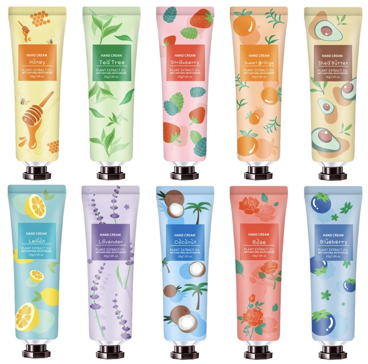 21 of the best unique stocking stuffers for under $6 7 ten colorful hand cream tubes with plant and fruit illustrations, including honey, tea tree, strawberry, orange, avocado, and more—perfect as stocking stuffers—are arranged in two rows of five.