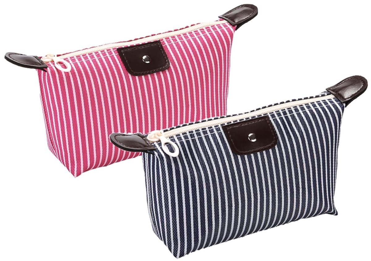 21 of the best unique stocking stuffers for under $6 19 two rectangular zippered pouches with vertical stripes—one pink and white, the other navy blue and white—both featuring brown faux leather corner accents and zipper pulls. perfect as stylish stocking stuffers for any occasion.