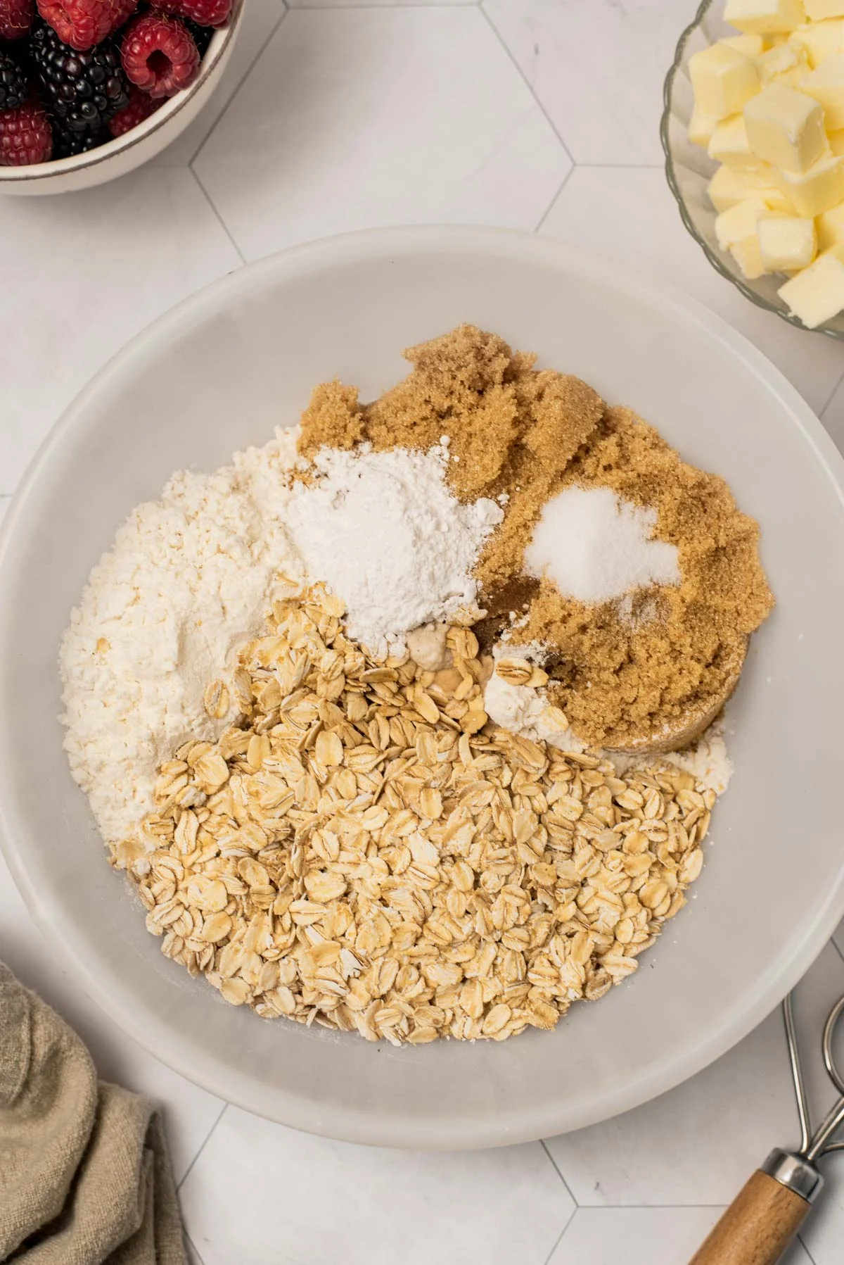 ingreidnts in a bowl reafy to mixed to make shortbread cookie bars