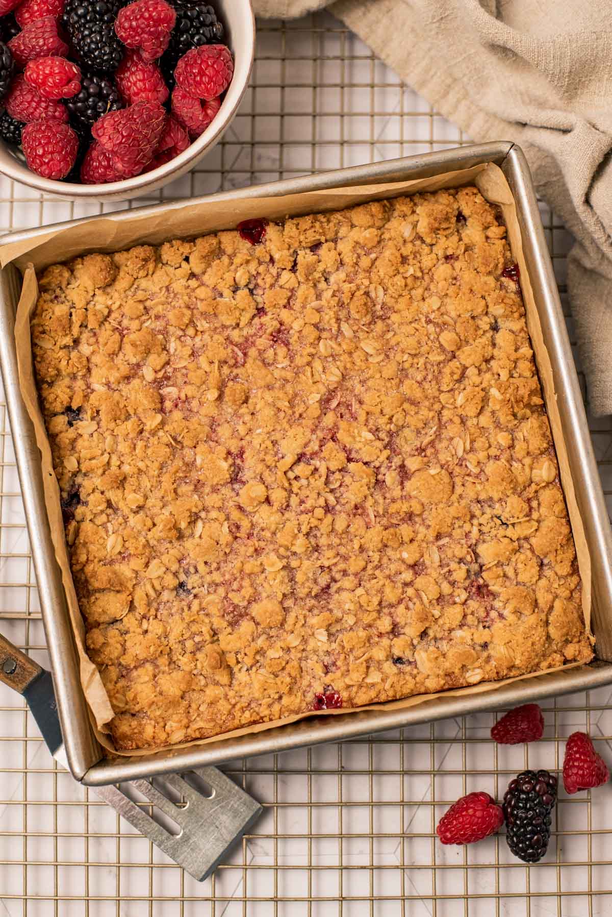 baked shortbread berry bars in a sqaure baking tin on a cooling rack