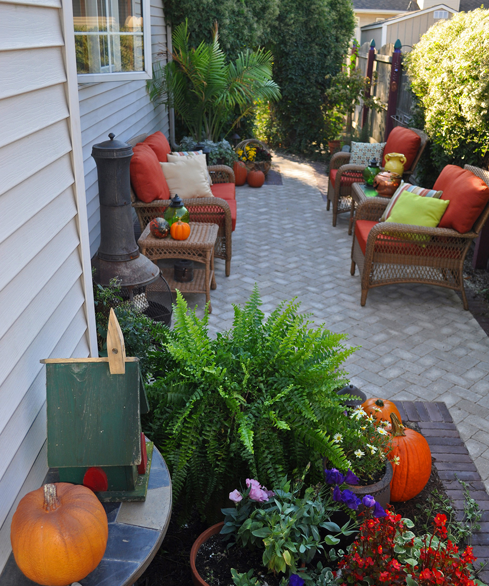 small garden patio with container plantings