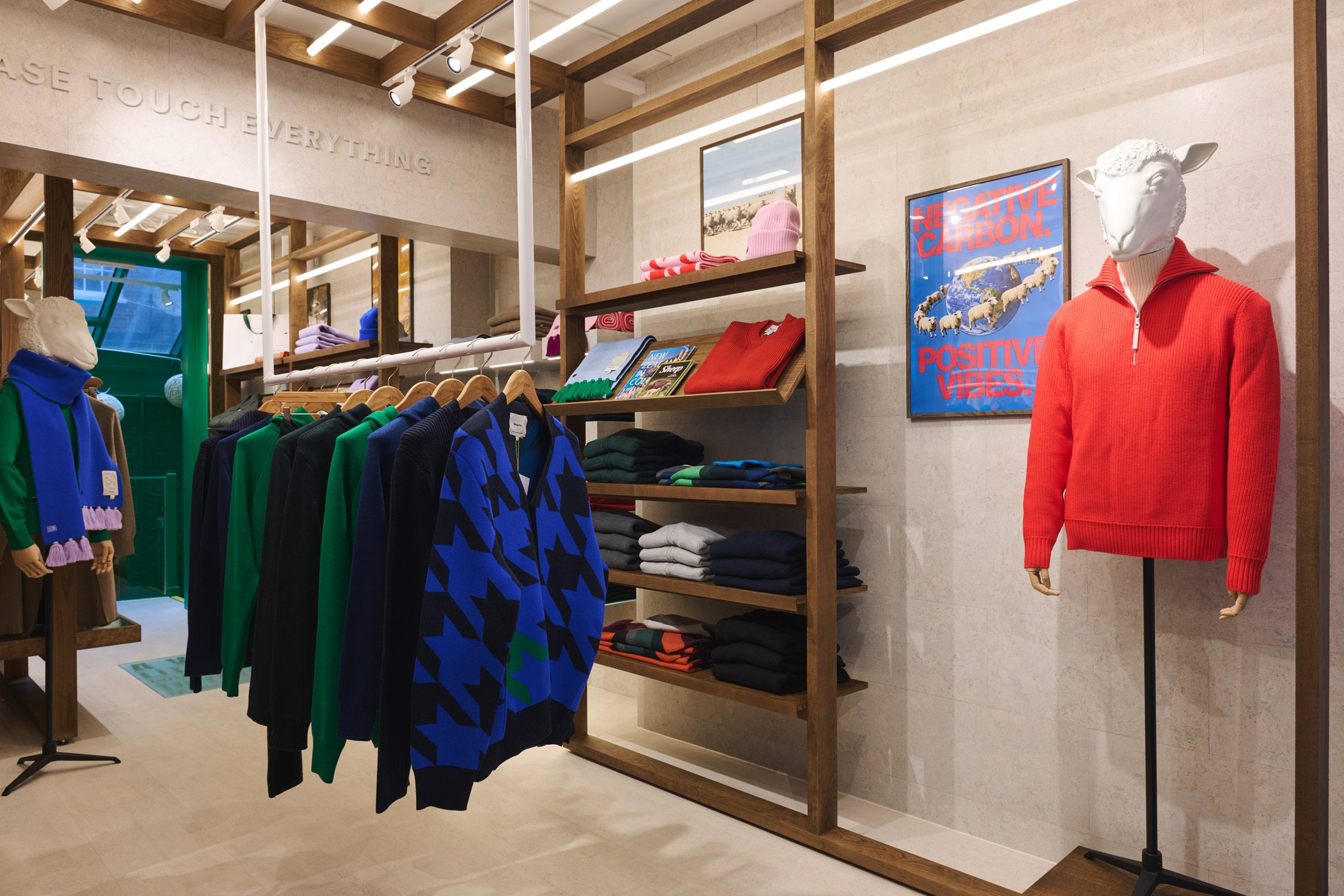 wooden shelving in sheep inc store