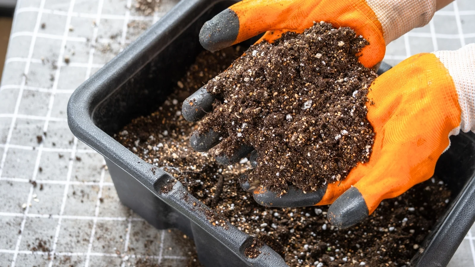 male hands wearing orange and black gloves thoroughly mix potting soil in a black plastic tray placed on a table.