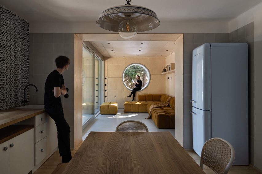 living room with porthole window