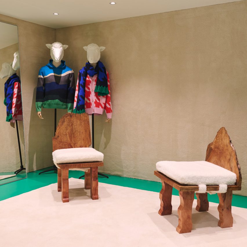 Sheep Inc combines cork and wool walls for "flagsheep store"