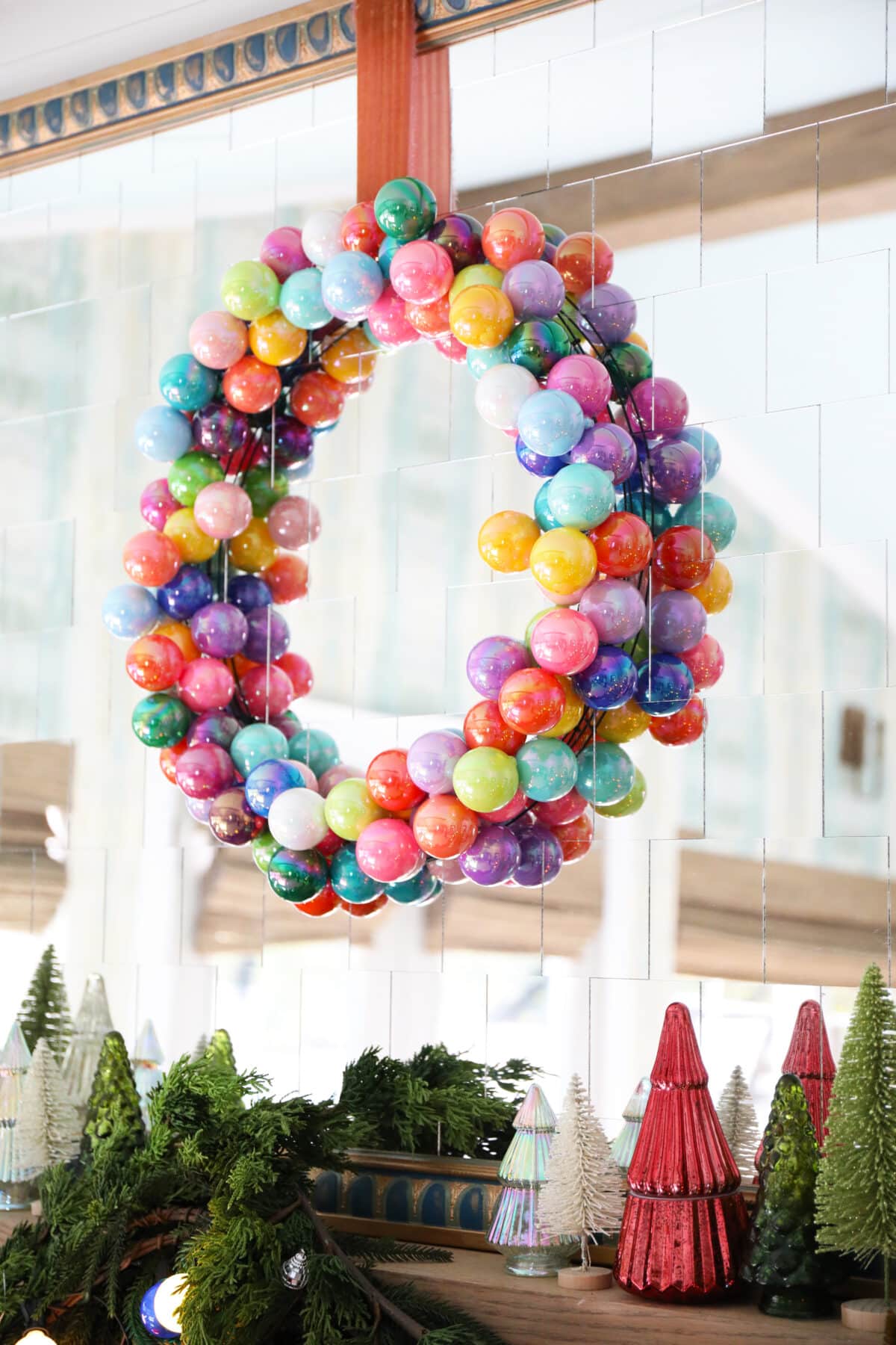 colorful iridescent bauble wreath and ornaments