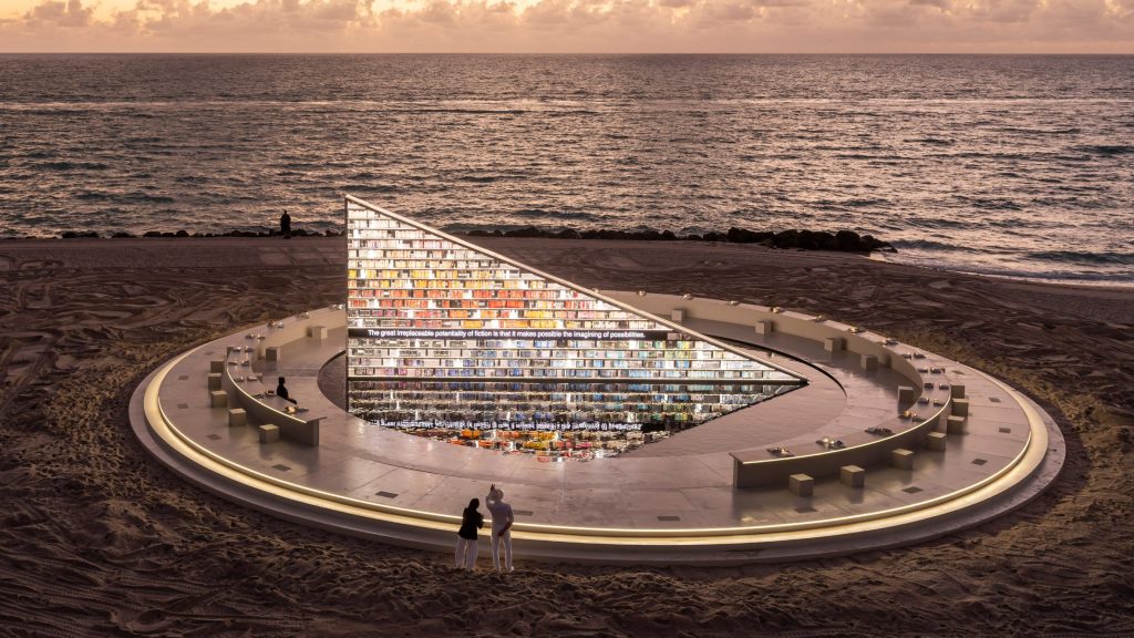 Es Devlin erects monumental rotating library on Miami beach