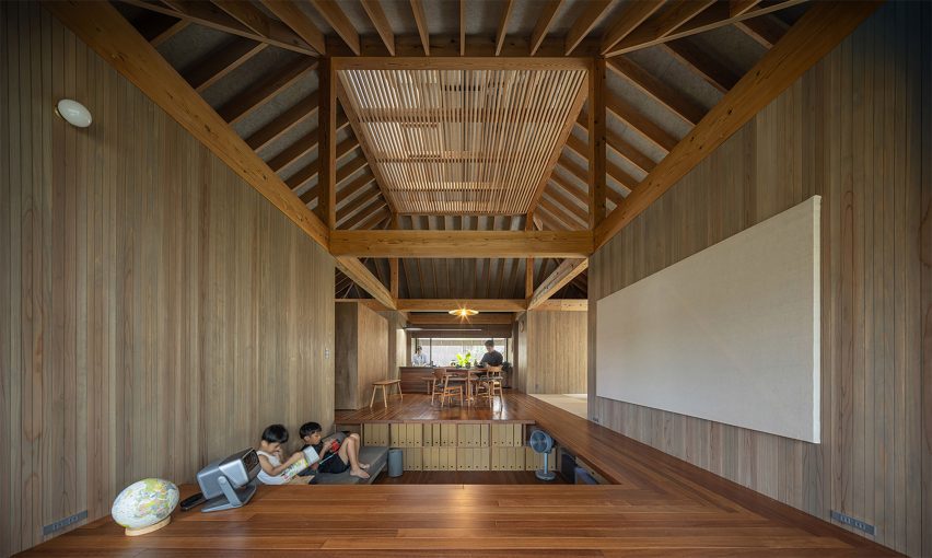 timber-lined interior of amami house by sakai architects