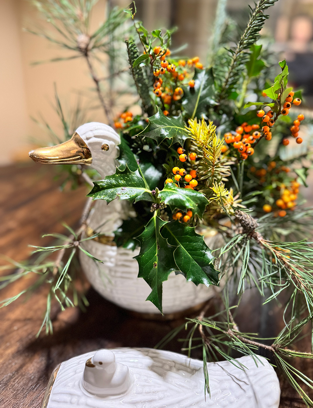 winter cuttings in vintage duck container