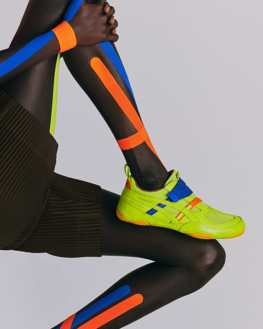 hyper taping trainers in green by issey miyake for asics
