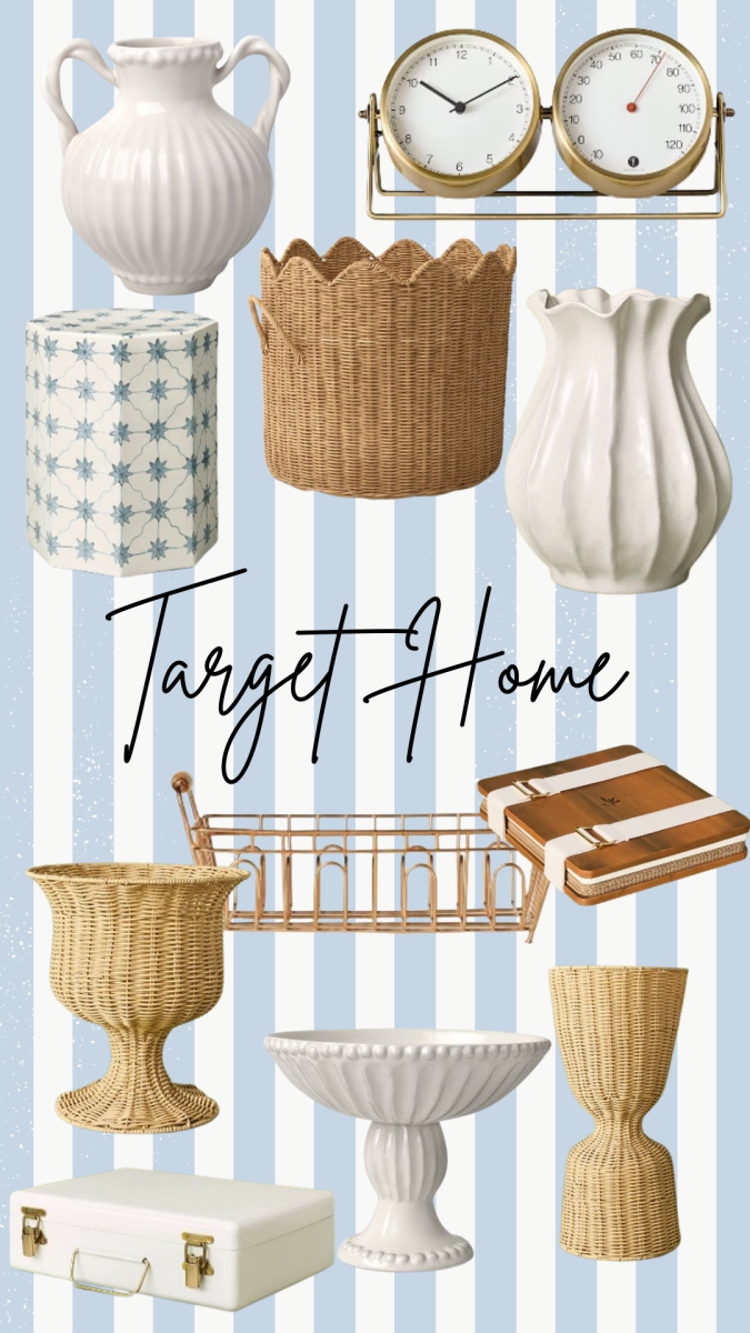 a collage of target home decor items on a blue and white striped background, including vases, baskets, a floral box, trays, books, a clock, and a cake stand, with “target home” written in script in the center.