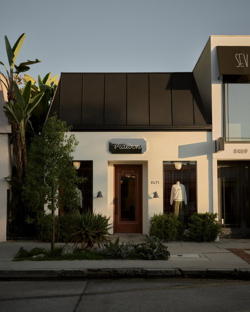 exterior of the flagship store for golf brand malbon, located on melrose place in los angeles