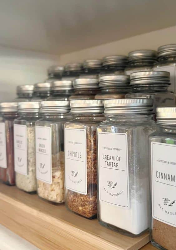 10 unexpected organizing ideas you may not have thought of 12 a neatly organized shelf stocked with glass jars filled with various spices and herbs, each labeled with names like "chipotle," "cream of tartar," and "cinnamon," showcasing a tidy and method