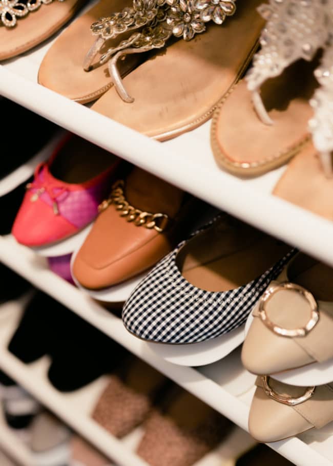 10 unexpected organizing ideas you may not have thought of 18 a close-up view of a variety of women's shoes on a white rack, including styles with embellishments, patterns, and different textures.