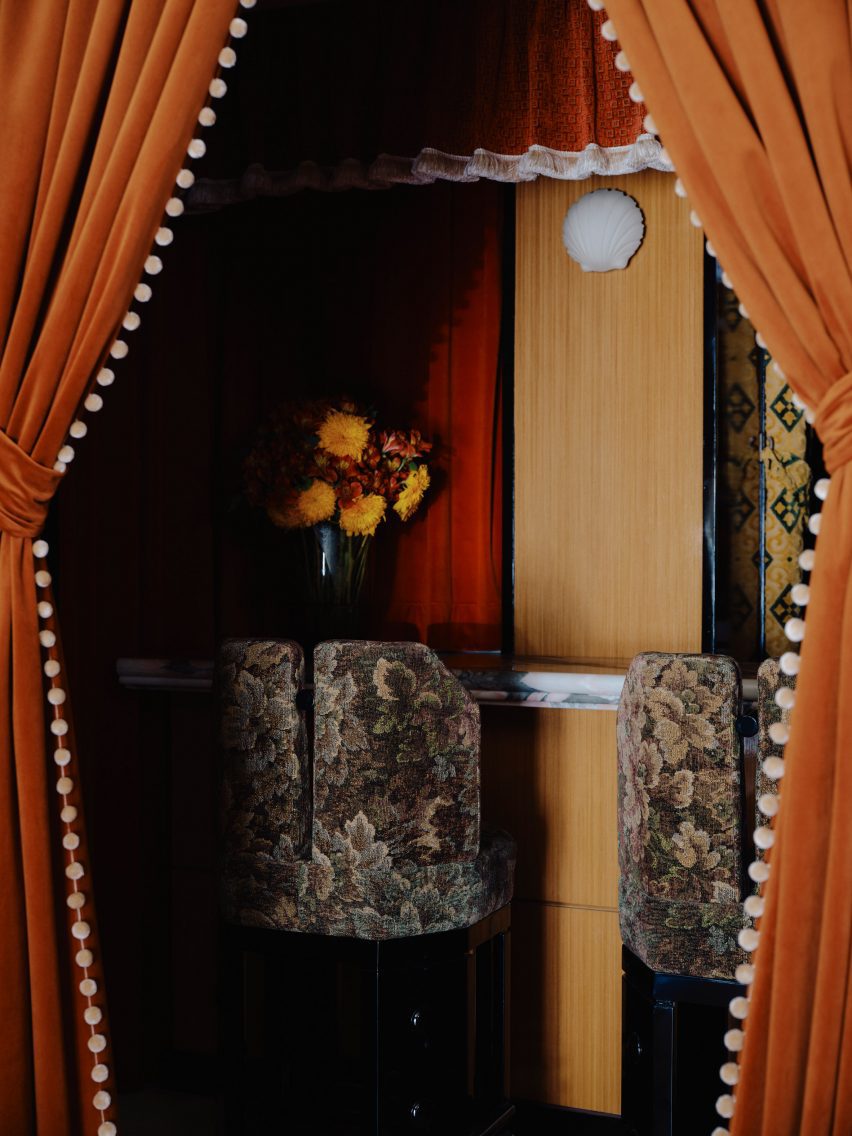 upholstered bar stools at a counter