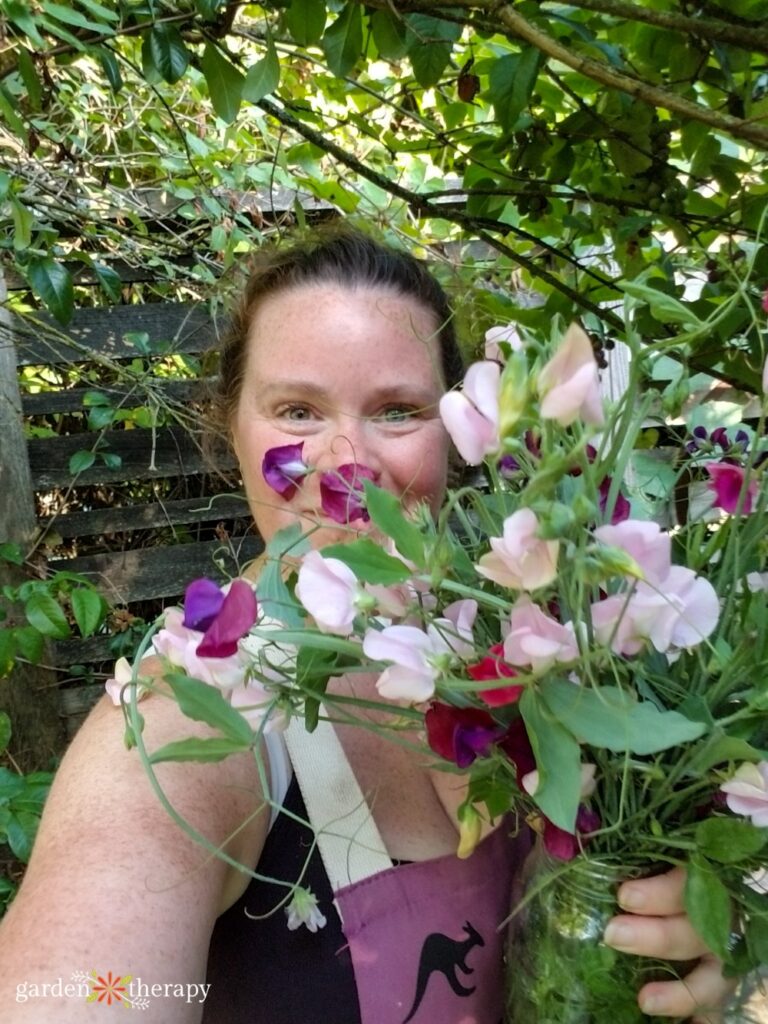stephanie with harvested sweet peas