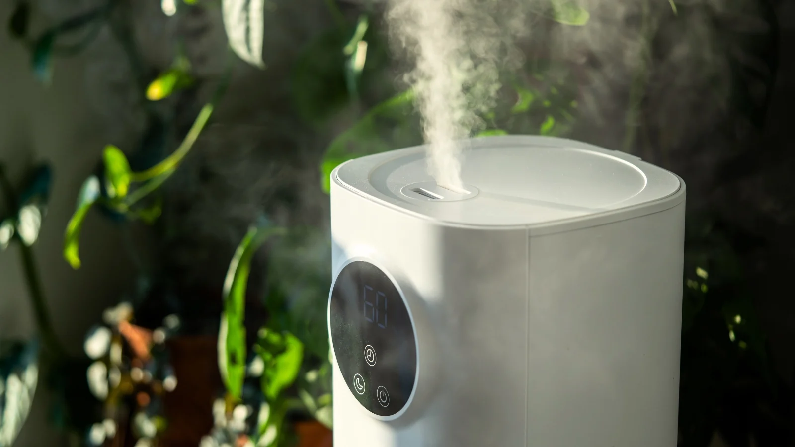 close-up of a white plastic humidifier spraying a damp breeze into the air next to tropical houseplants, all situated in a well lit area indoors