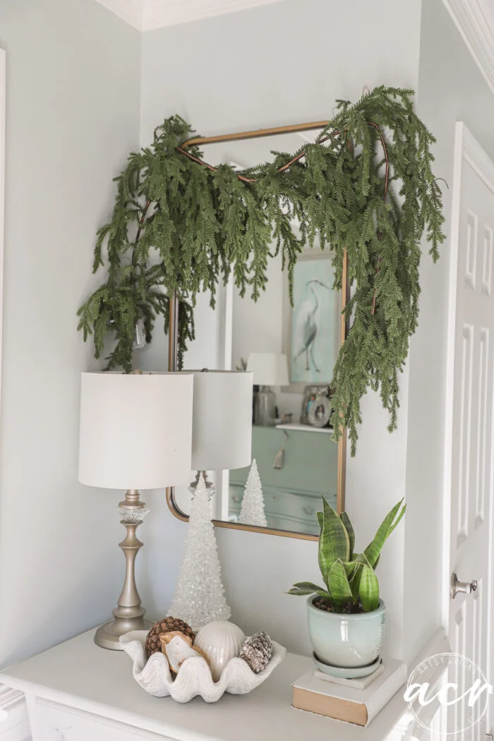 greenery draped over mirror in foyer with white tree and pine cones