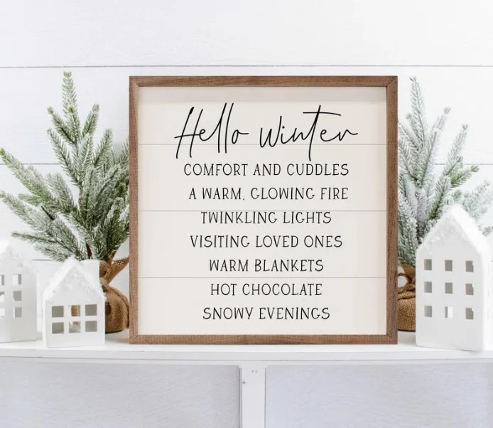 hello winter sign with stained frame