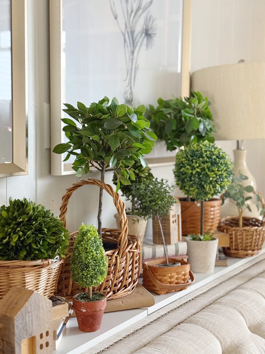how i wake up my house 13 a variety of small potted and basketed green plants are arranged on a white shelf, with framed wall art and a beige lamp in the background, creating a cozy and natural home decor display.