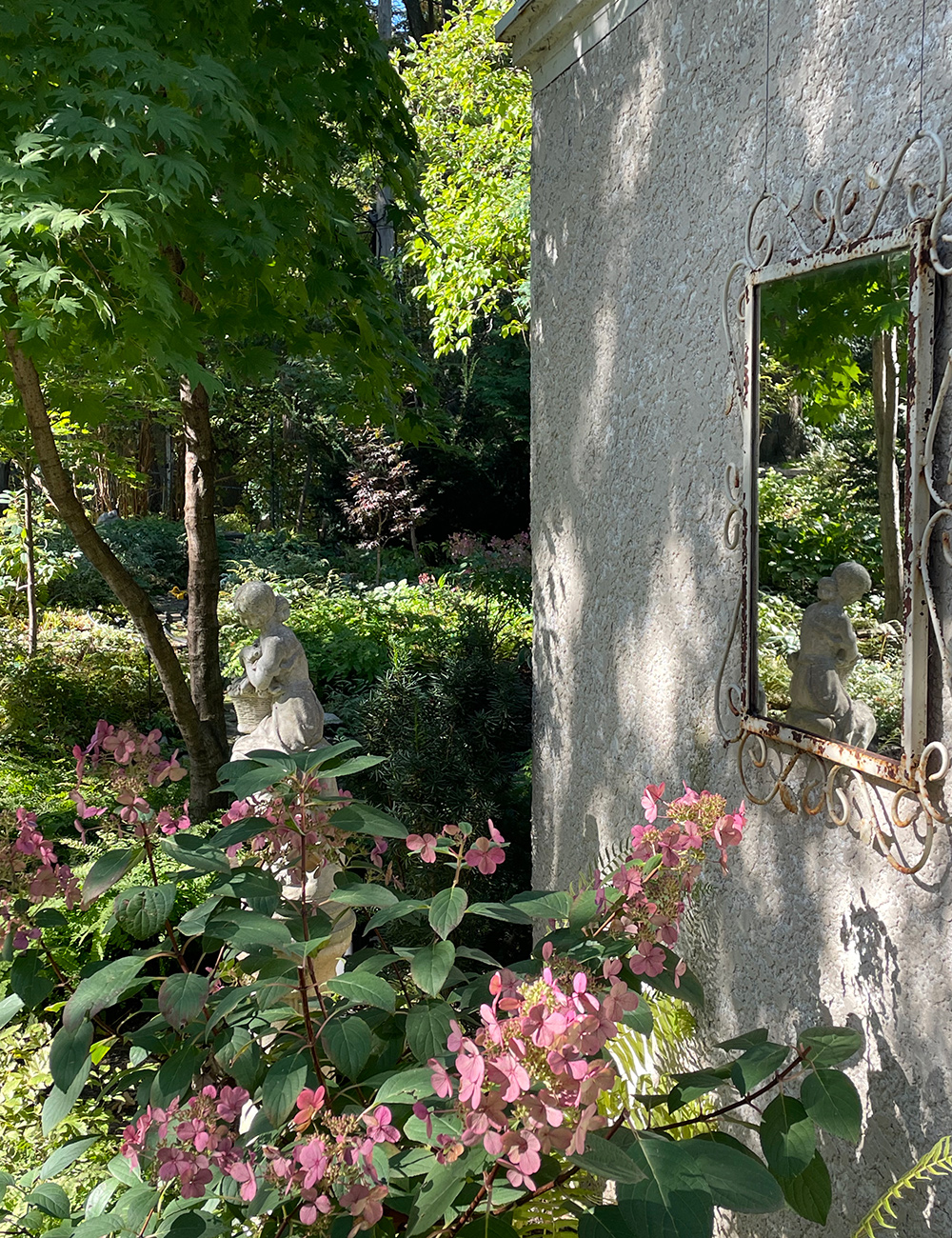 foundation planting with pink flowers