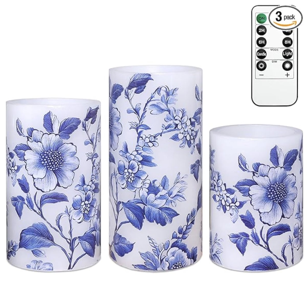 three cylindrical candles with blue floral patterns, shown in small, medium, and large sizes, are displayed alongside a remote control featuring multiple timer and light settings.