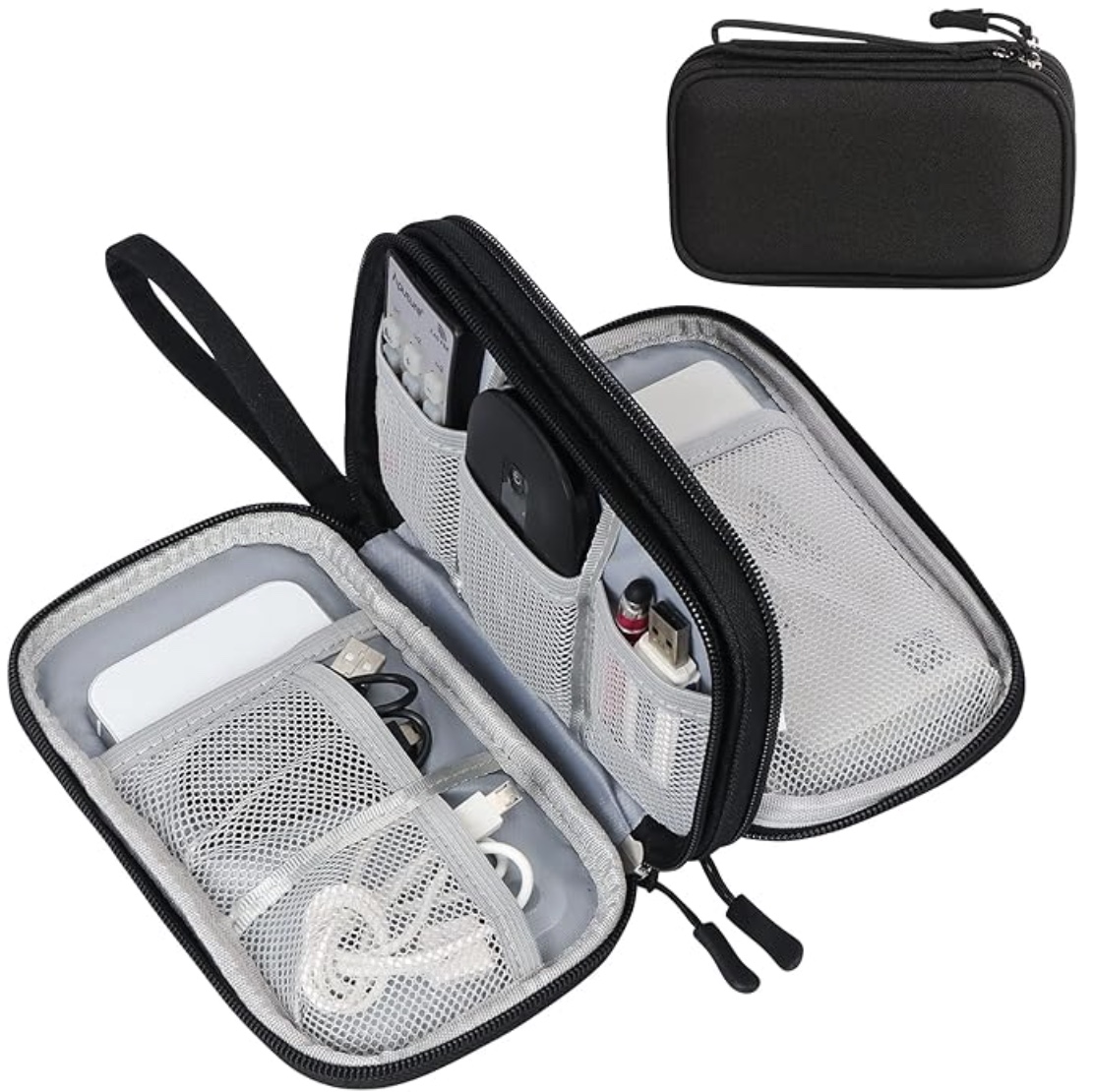 a black zippered travel organizer case, open to reveal multiple mesh pockets holding electronic accessories like cables, earbuds, a power bank, usb drives, and adapters. a closed view of the case is shown in the top right corner.