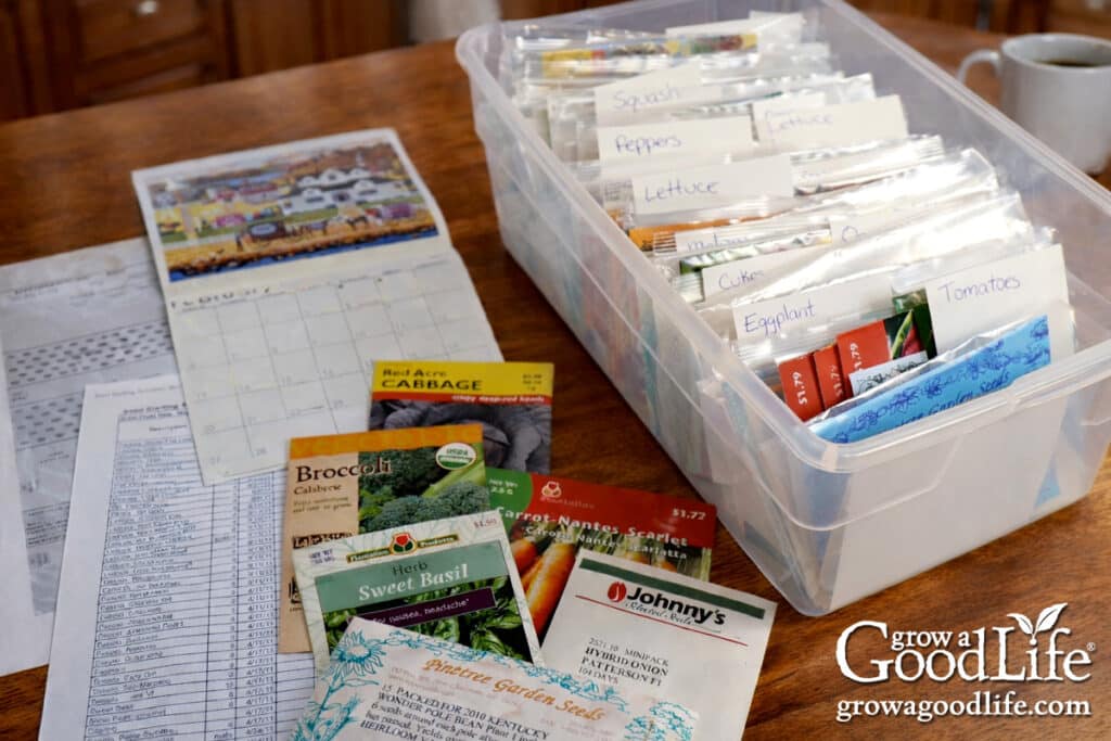 seeds to start indoors 6–8 weeks before your last frost 11 seed starting schedule and seed packets spread out on a kitchen table.