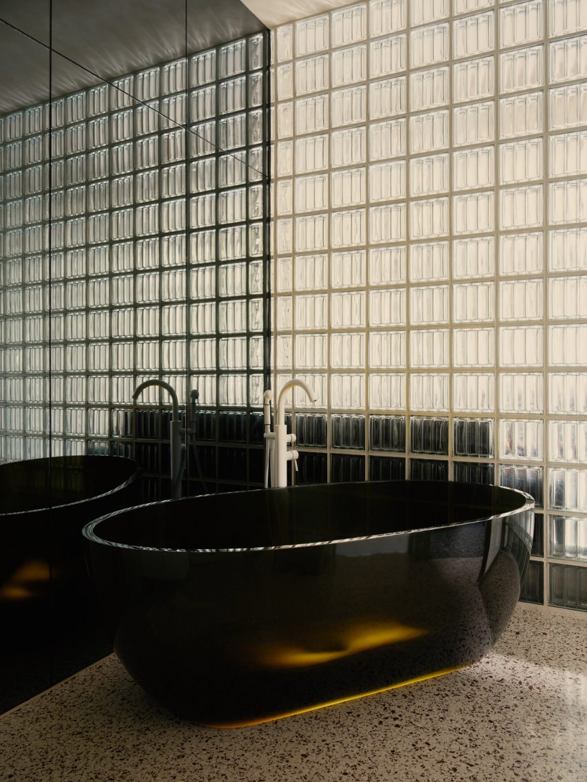 gleaming black bathtub