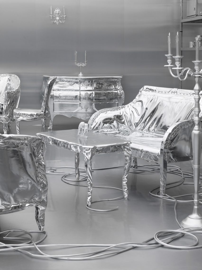 silver seating area in transformism installation by harry nuriev at maison&object