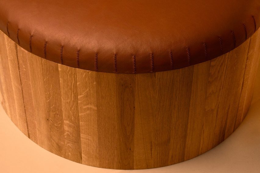 stitching on bench with leather upholstery