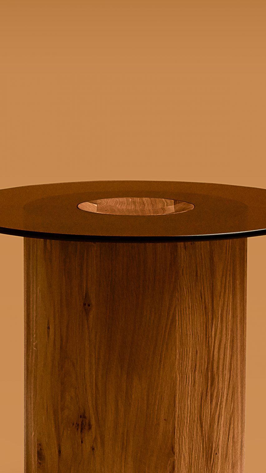close-up of glass top on column i table by joe doucet for oublier