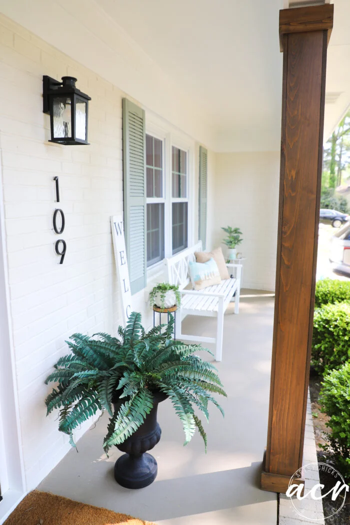 front wood column with stain looking to the right