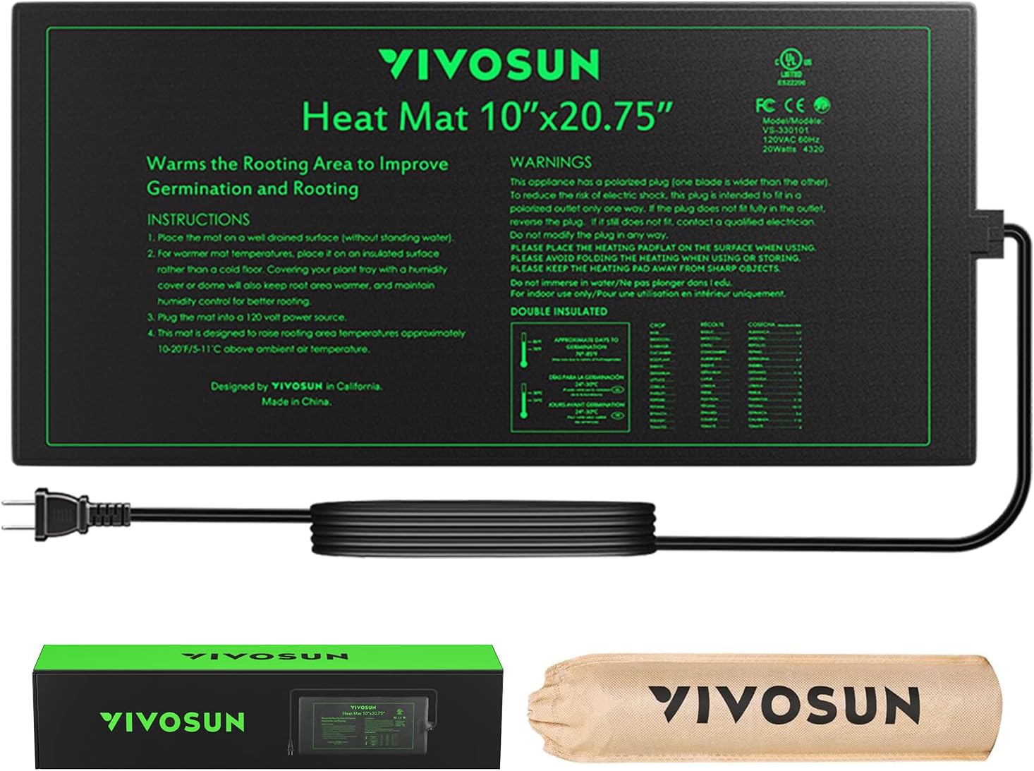 vivosun durable waterproof seedling heat mat 10" x 20.75" ul &amp; met-certified warm hydroponic heating pad for germination, indoor gardening, greenhouse