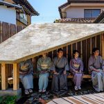 Sloping earthen roof tops Sekiyuan waiting area by Kurosawa Kawara-Ten