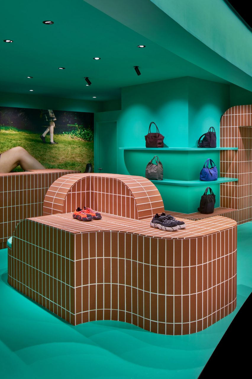 tiled display stand in camper shin maru interior by jorge penadés