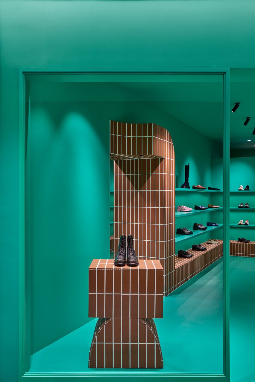 tiled display stand in camper shin maru interior by jorge penadés