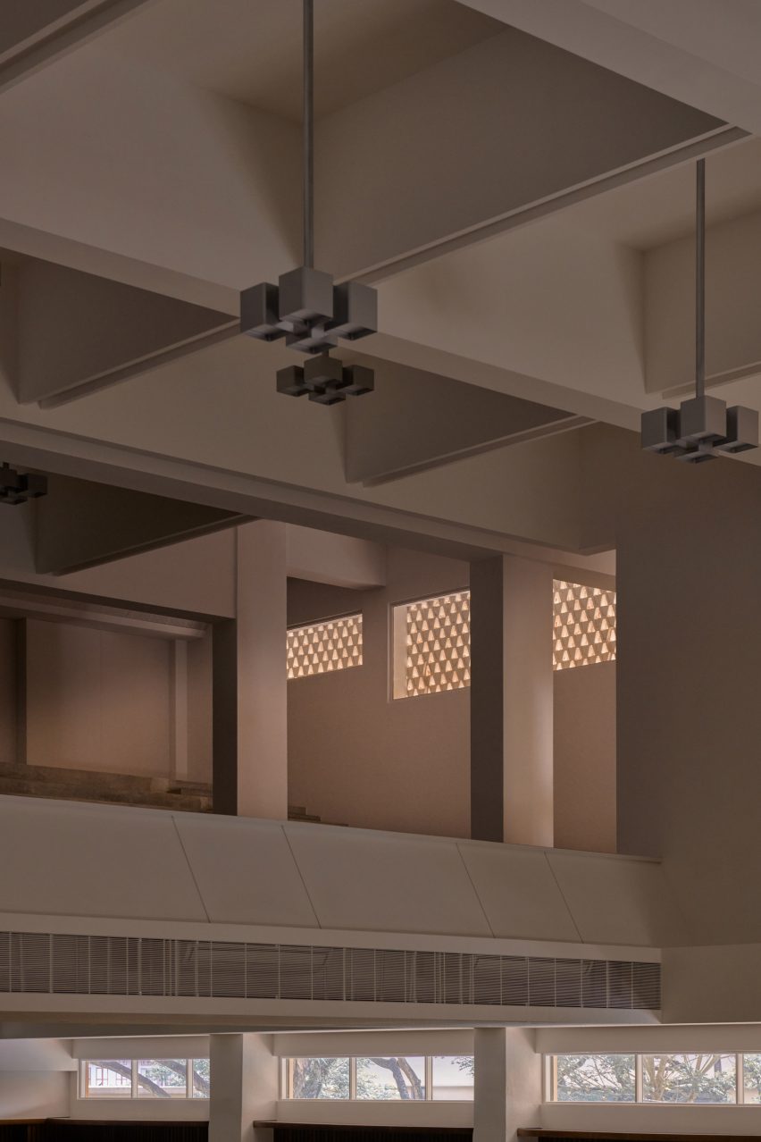 waffle ceiling and stainless-steel lights