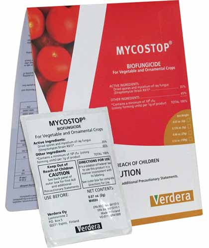 a close up square image of the packaging of mycostop biofungicide isolated on a white background.