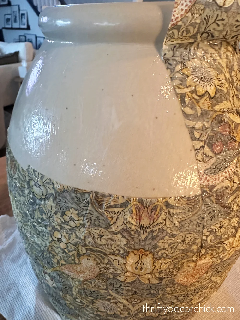 mod podging napkin onto vase