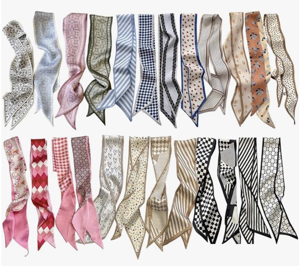 twenty silk scarves with various colorful patterns, including geometric, floral, hearts, polka dots, and stripes, are neatly arranged in two horizontal rows on a white background.