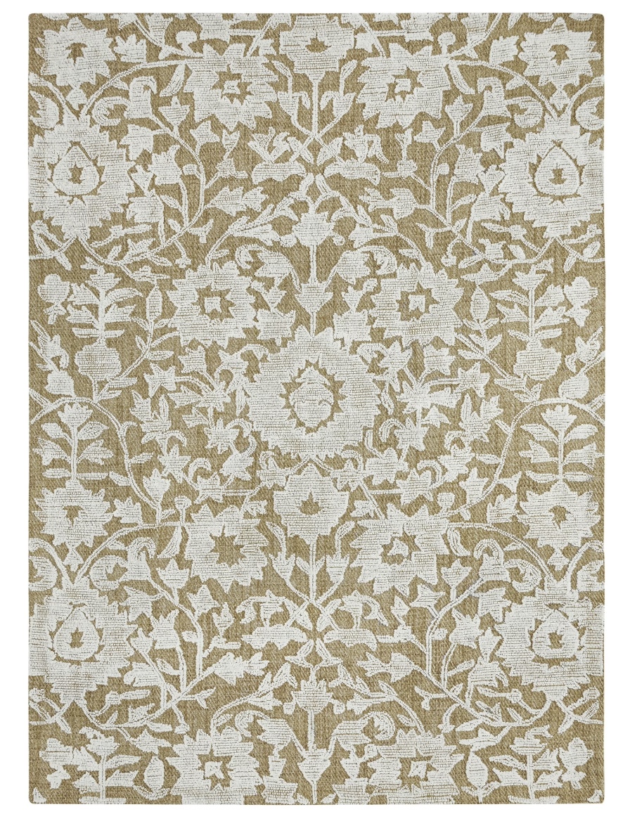 a rectangular rug with a tan background and an intricate white floral and vine pattern, featuring symmetrical flowers, leaves, and geometric shapes—perfect for adding elegance to your spring mantel decor.