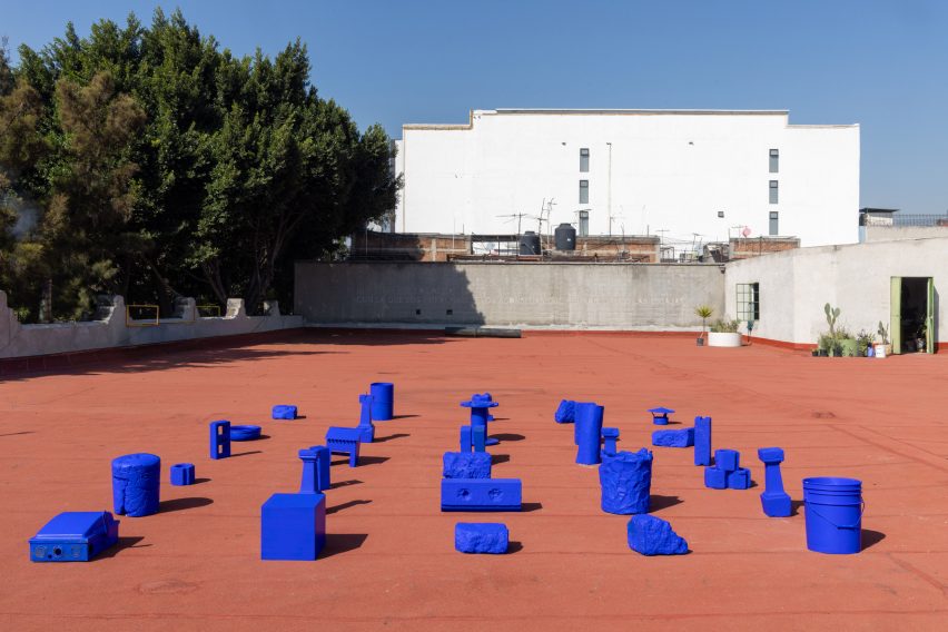 blue objects on red tile