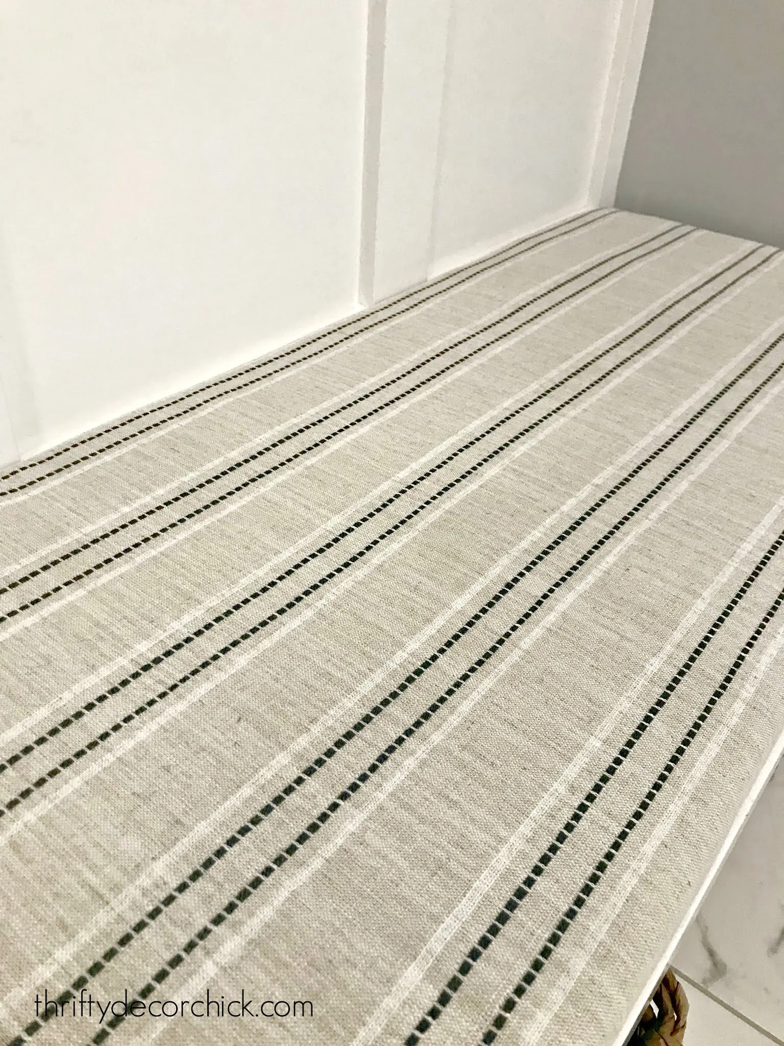 cream blue and white stripe bench seat